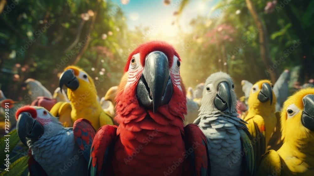 Poster zoo aviary showcasing a variety of exotic birds, visitors observing diverse avian species in a natur