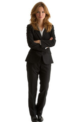 Obraz premium Businesswoman in black suit with arms crossed isolated on transparent background.