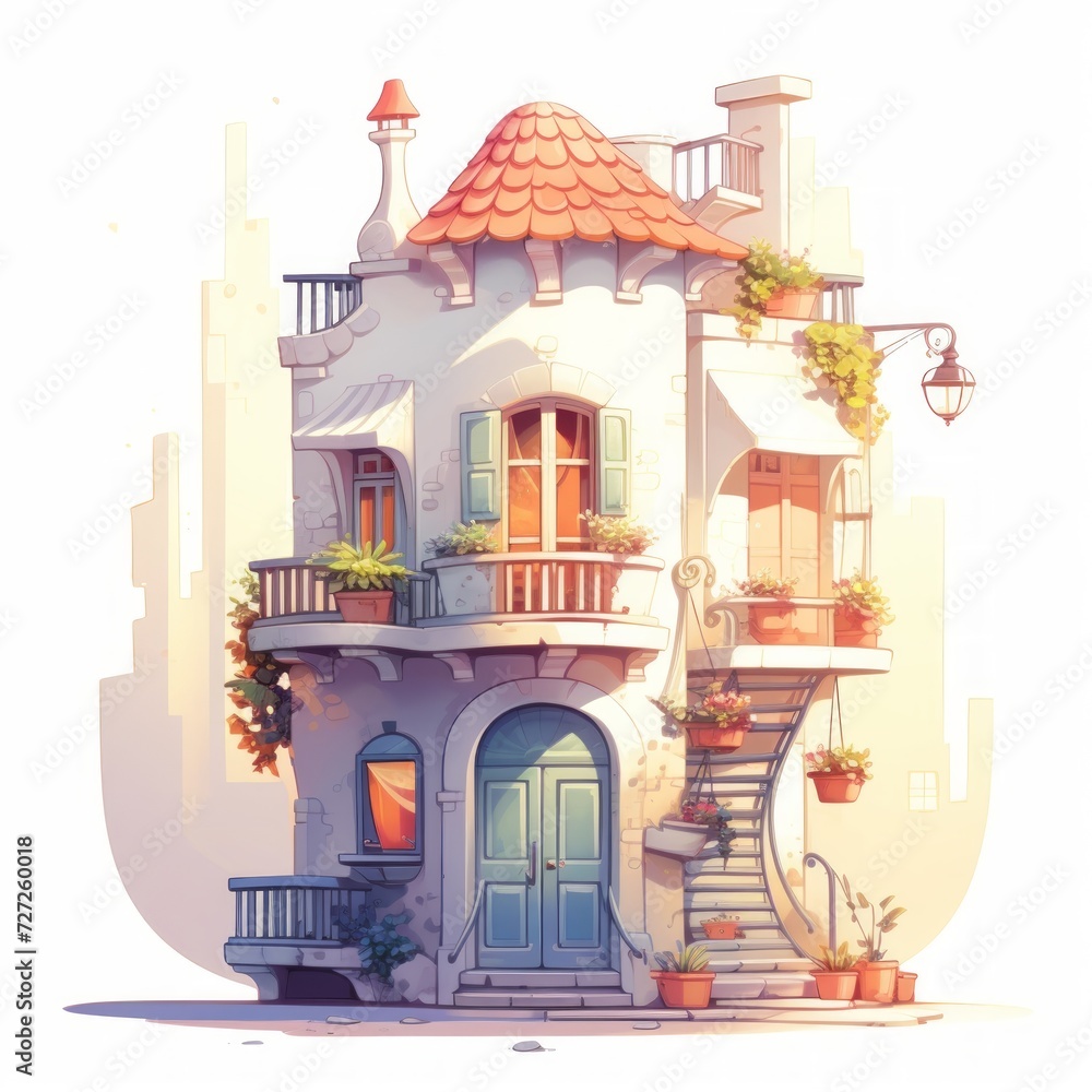 Poster A fairytale abode with a tiny balcony and a white exterior glowing in soft sunlight. Generative AI