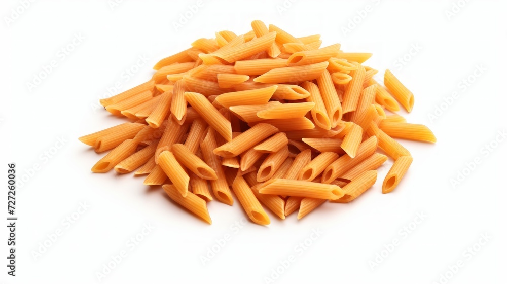 Poster a heap of penne pasta captured in a close-up realistic photo against a white background generative a