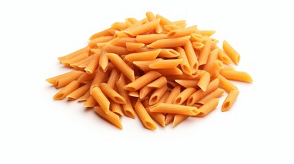 Fototapeta premium A heap of penne pasta captured in a close-up realistic photo against a white background Generative AI