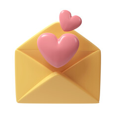 3d open envelope letter icon with two red hearts. Render mail Elements for romantic transparent object illustration Love Valentine romantic design