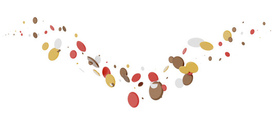 Multicolored paper confetti on transparent background. Realistic confetti flying. Colorful scattered items to holiday decorations.