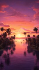 Fototapeta na wymiar Aerial perspective showcasing a serene archipelago with lush palm trees set against the backdrop of a mesmerizing sunset painting the sky in hues of orange, pink, and purple. photorealistic epic light