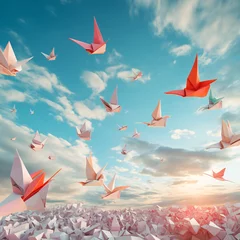 Foto op Plexiglas The paper bird of dreams is floating frantically. With light expressions, they walked along the path the wind in the blue sky. Their flow was like a dance of imagination filled with elation and desire © peerapong