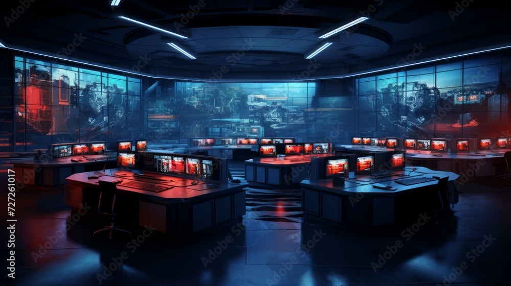 Poster an artistic rendition of a render farm's control room, highlighting monitoring stations overseeing r