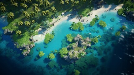 Fototapeta na wymiar An overhead shot of an idyllic island oasis featuring coconut palms, secluded beaches, and vibrant coral reefs visible through the transparent blue waters Generative AI
