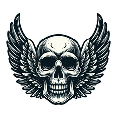 Obraz premium Skull wings vector illustration, winged skull badge emblem template suitable for apparel t-shirt, poster, motorbike club logo, tattoo. Design isolated on white background