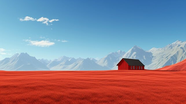 On the big red grass there was a big red hut. With realistic looking mountain behind it. The red hut pillars on the red grass make the scene look charming and realistic.The mountains in the background