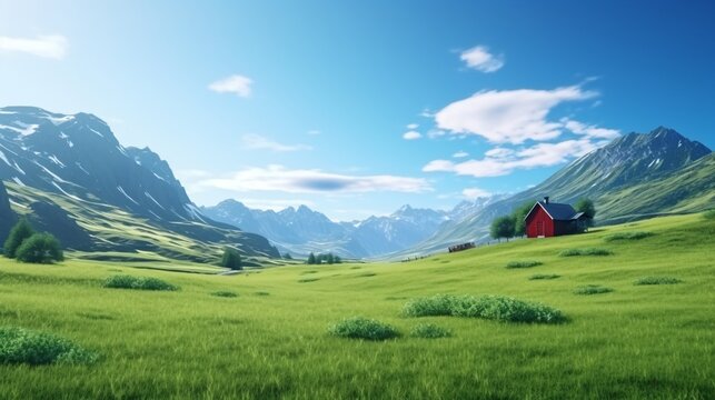 On a wide green field there was a large red hut.And there is a mountain that looks real behind it.This scene creates an image that is beautiful and simple in nature.The choice the colors of the grass.