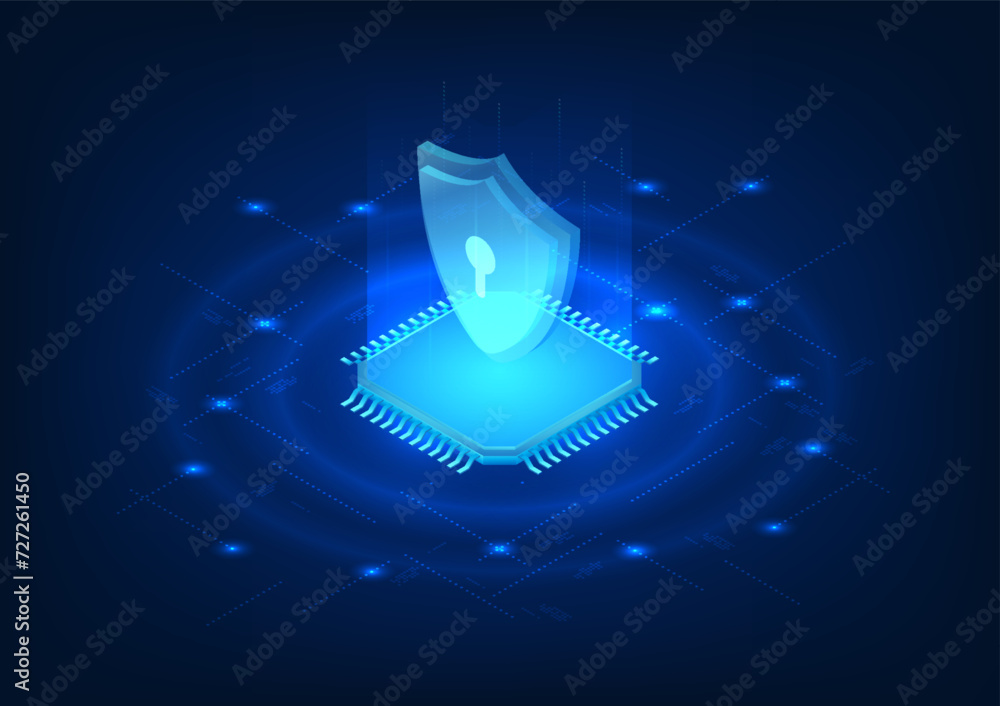 Poster microchip technology equipped with cyber security system protection against virus threats data theft