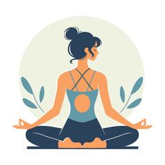 Woman in yoga meditation pose vector illustration, good mental health yoga lifestyle and selfcare flat design style template isolated on white background