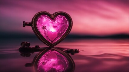 heart on the background of the sky  a steampunk,        Isolated pink heart above a reflective sea. Metaphor for reflection   