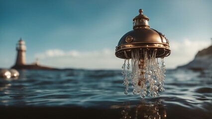       A steampunk scene of a metal jelly fish floating in the ocean, with a light  