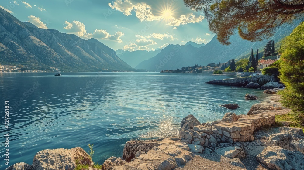 Poster A serene scene of the Bay of Kotor under a partly cloudy sky, the sun casting dappled light on the water's surface Generative AI