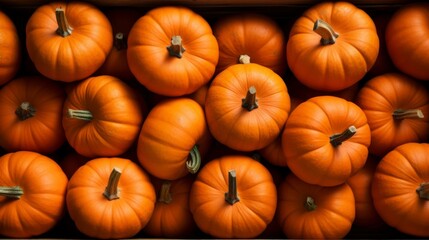 Box filled with bright orange pumpkins, close-up realistic photo Generative AI