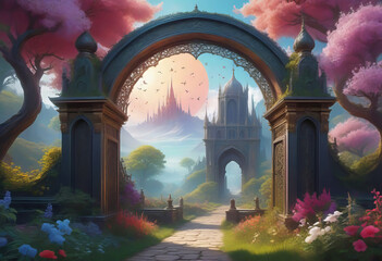 A mysterious portal in the form of a gate to another world, intricate patterns on the gate, fantastic flowering trees and beautiful flowers,