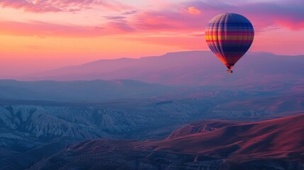 Breathtaking Turkish mountains at dusk with a hot air balloon soaring amidst the colorful hues of the setting sun, creating a magical and enchanting vista Generative AI