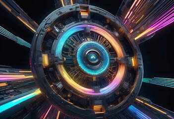 Abstract sci-fi neutron electron patterns with neon glow, intricate artsy sci-fi fantasy art, - obrazy, fototapety, plakaty