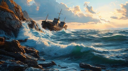Cargo ship passing by rocky cliffs, turbulent waves, detailed and dynamic photorealistic depiction Generative AI - obrazy, fototapety, plakaty