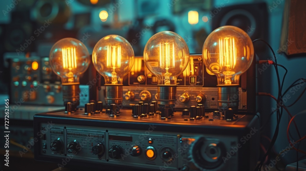 Poster classic tape recorder adorned with gleaming vintage light bulbs, creating an atmospheric and retro-i