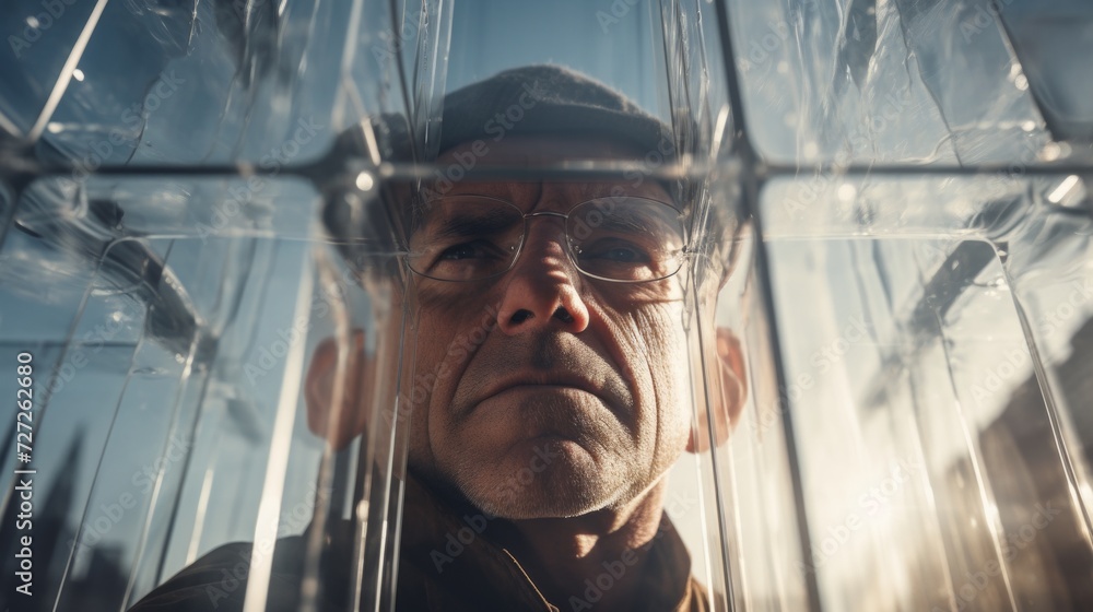 Poster Close-up of a builder installing windows, meticulous workmanship, construction site setting with glass panels visible Generative AI