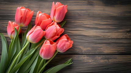 Top view composition of spring tulip flowers on rustic wood table for mother's day celebration idea