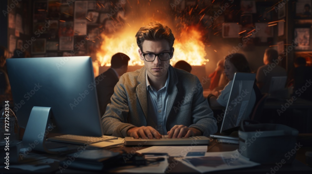 Poster close-up of a journalist typing on a laptop, working on breaking news, press area with other journal