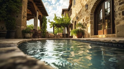 courtyard pool in a rustic house, natural stone, country-style surroundings, serene ambiance, detailed and picturesque depiction Generative AI