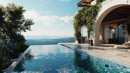 luxurious house courtyard with an infinity pool, serene waters, overlooking scenic landscape,...