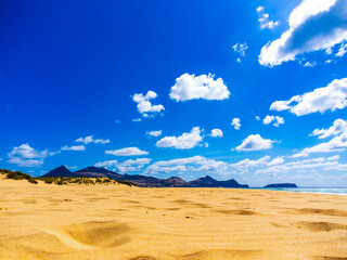 Sand beach and colorful sky on Porto Santo island 
