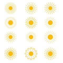 Sunburst set. Sunburst collection. Sun icon set. Yellow sun star icons collection. Summer, sunlight, nature, sky. Vector illustration isolated on white background.