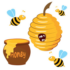 Vector image of honey, beehive and bees. Healthy and delicious natural honey.