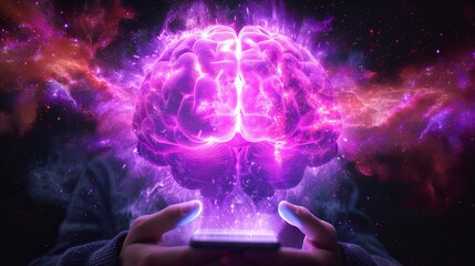 Holographic human brain projection hovering in the air above a person s hands holding a mobile phone