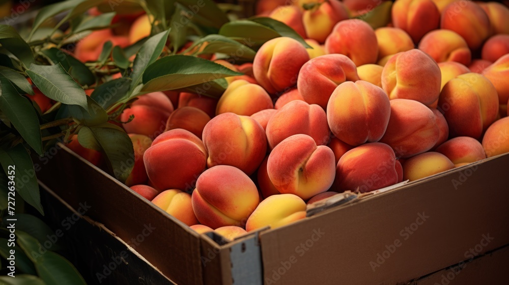 Poster Close-up realistic photo capturing a box filled with juicy nectarines Generative AI