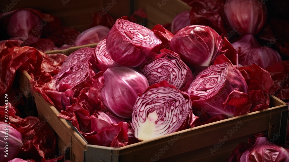 Poster Close-up realistic photo featuring a box filled with crisp, red radicchio Generative AI