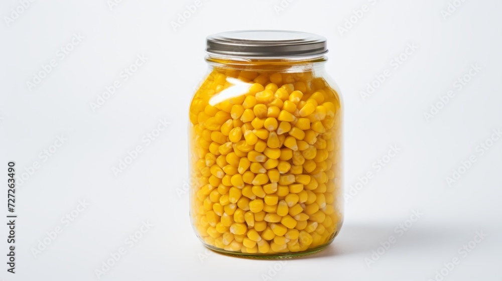 Aufkleber close-up realistic photo capturing a glass jar filled with yellow corn kernels on a white background