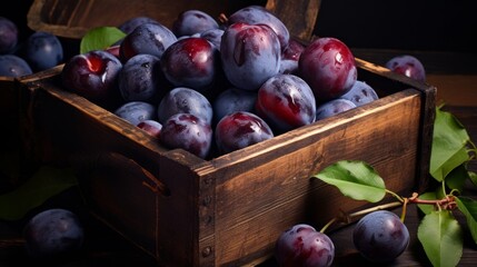 Close-up realistic photo capturing a box filled with ripe plums Generative AI - Powered by Adobe