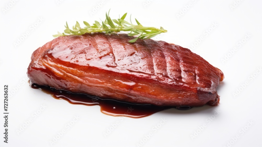 Poster close-up realistic photo featuring a tender duck breast piece against a white background generative 