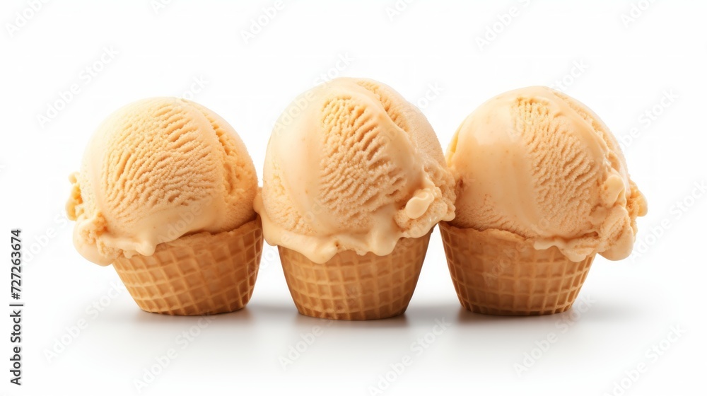 Poster Close-up realistic photo featuring three scoops of creamy caramel ice cream on a white background Generative AI