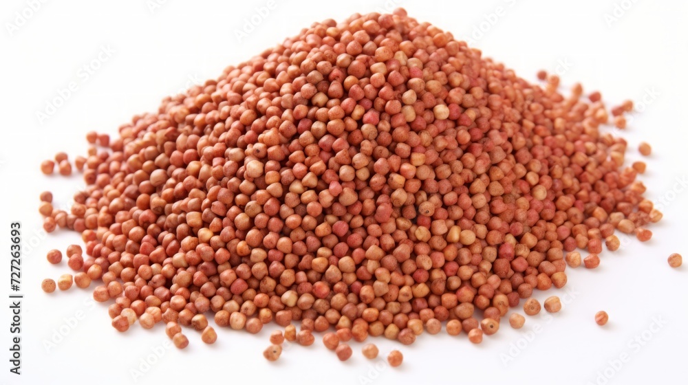 Poster close-up realistic photo featuring a small pile of sorghum grains on a white background generative a