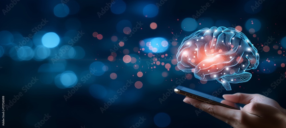 Aufkleber holographic human brain floating in air with mobile phone and copy space for text placement