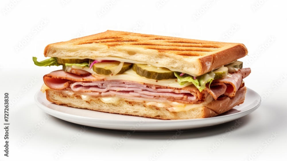 Poster close-up realistic photo of a mouthwatering cubano sandwich on a white background generative ai