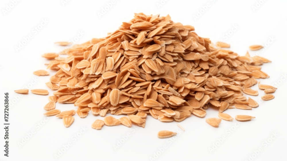 Poster A small heap of spelt flakes captured in a close-up realistic photo against a white background Generative AI