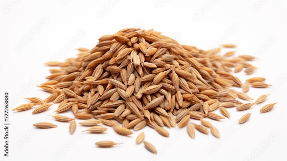 Poster close-up realistic photo of a small mound of rye grains on a white background generative ai