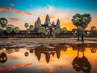 A stunning view of the iconic Angkor Wat temple in Cambodia, designated a UNESCO World Heritage site.