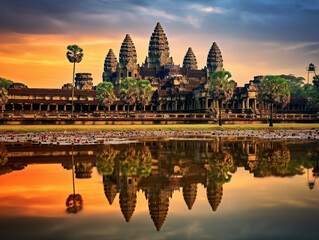 Fototapeta premium Aerial view of the majestic Angkor Wat temple in Cambodia, recognized as a UNESCO World Heritage site.