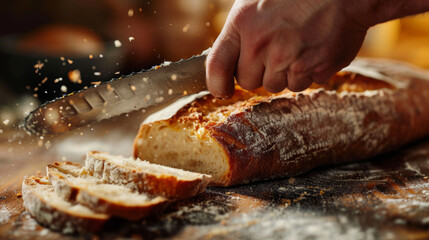 person's hands are seen slicing a loaf of bread on a wooden cutting board, with bread crumbs scattering around
