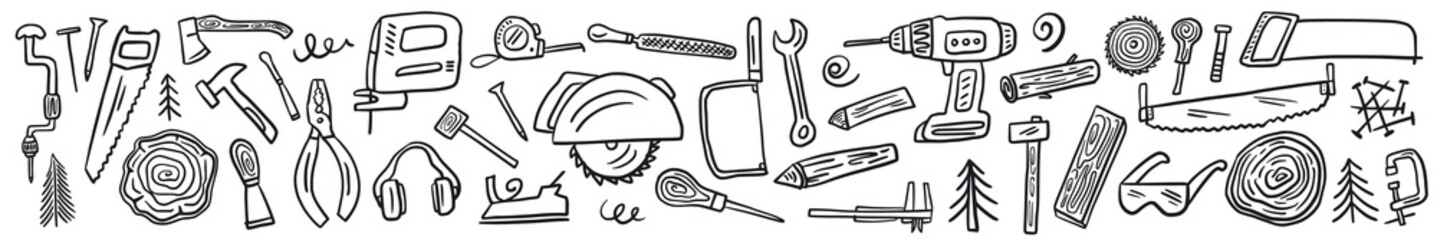 Horizontal illustration of a collection of hand-drawn carpentry tools in the doodle style