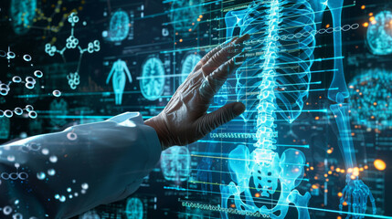 person is interacting with a futuristic medical interface displaying holographic images of human anatomy and various medical data